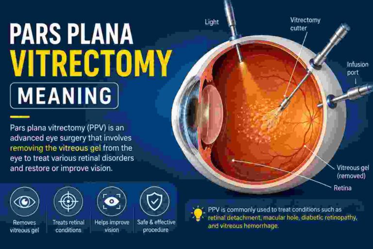Pars plana vitrectomy meaning illustrated with cross-section diagram of eye surgery showing vitreous removal