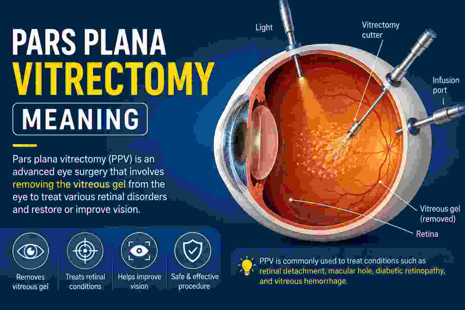 Pars plana vitrectomy meaning illustrated with cross-section diagram of eye surgery showing vitreous removal