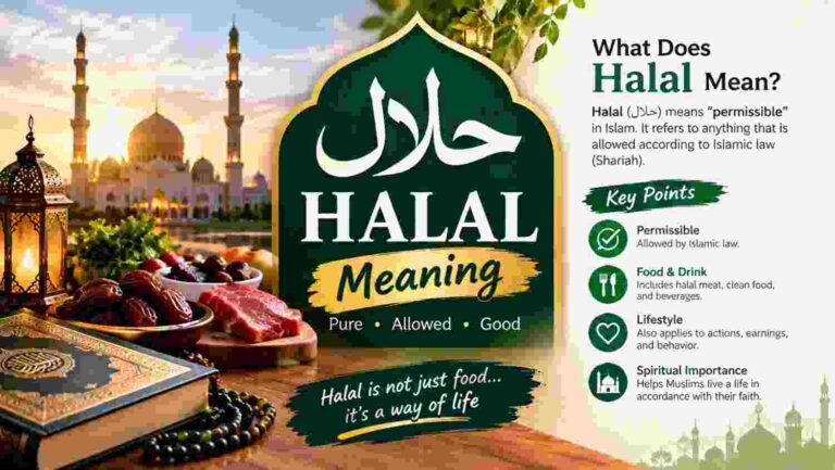 Halal meaning explained with Islamic food and lifestyle symbols