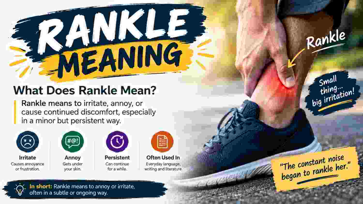 Rankle meaning explained with an illustration showing irritation and annoyanceRankle means to irritate, annoy, or cause continued discomfort in a subtle or persistent way.