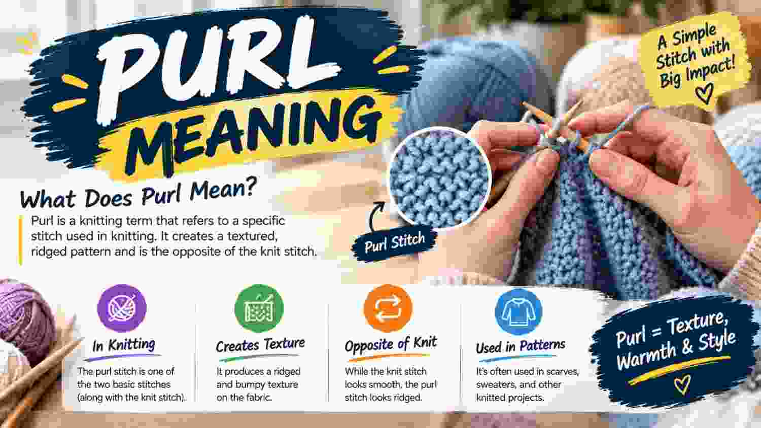Purl meaning explained with a close-up of the purl stitch and knitting needles