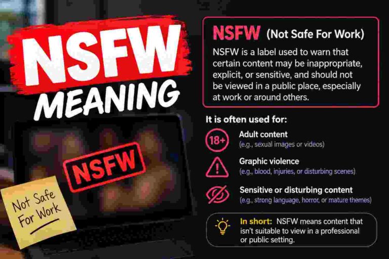 NSFW meaning explained with laptop warning label icon in office workspace setup