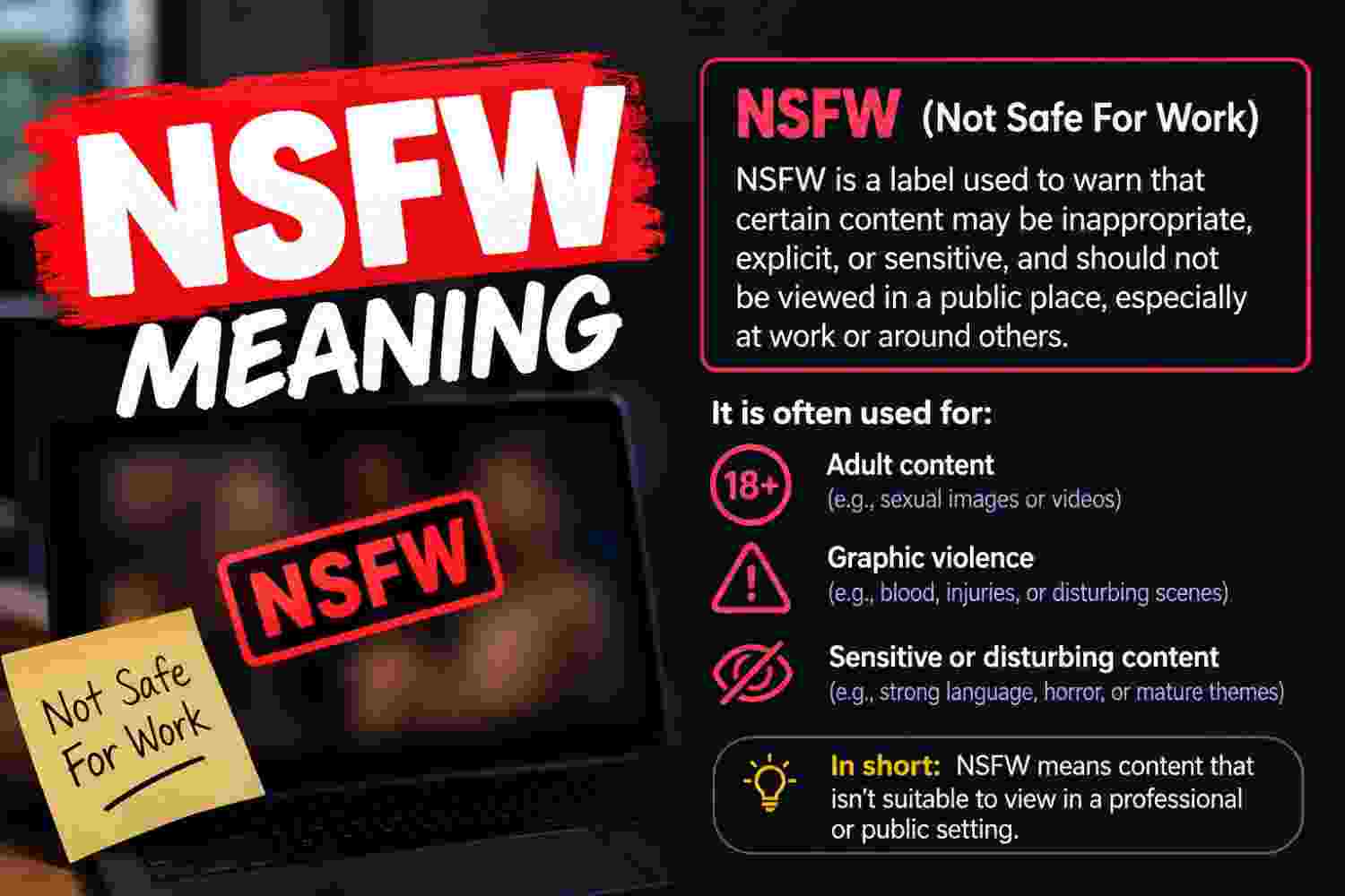 NSFW meaning explained with laptop warning label icon in office workspace setup
