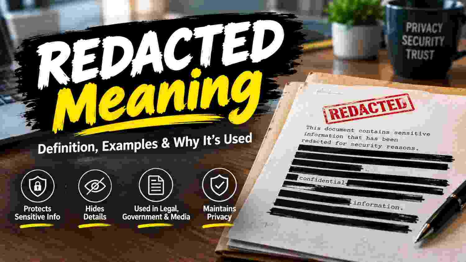 Redacted meaning explained with a confidential document and blacked-out sensitive information