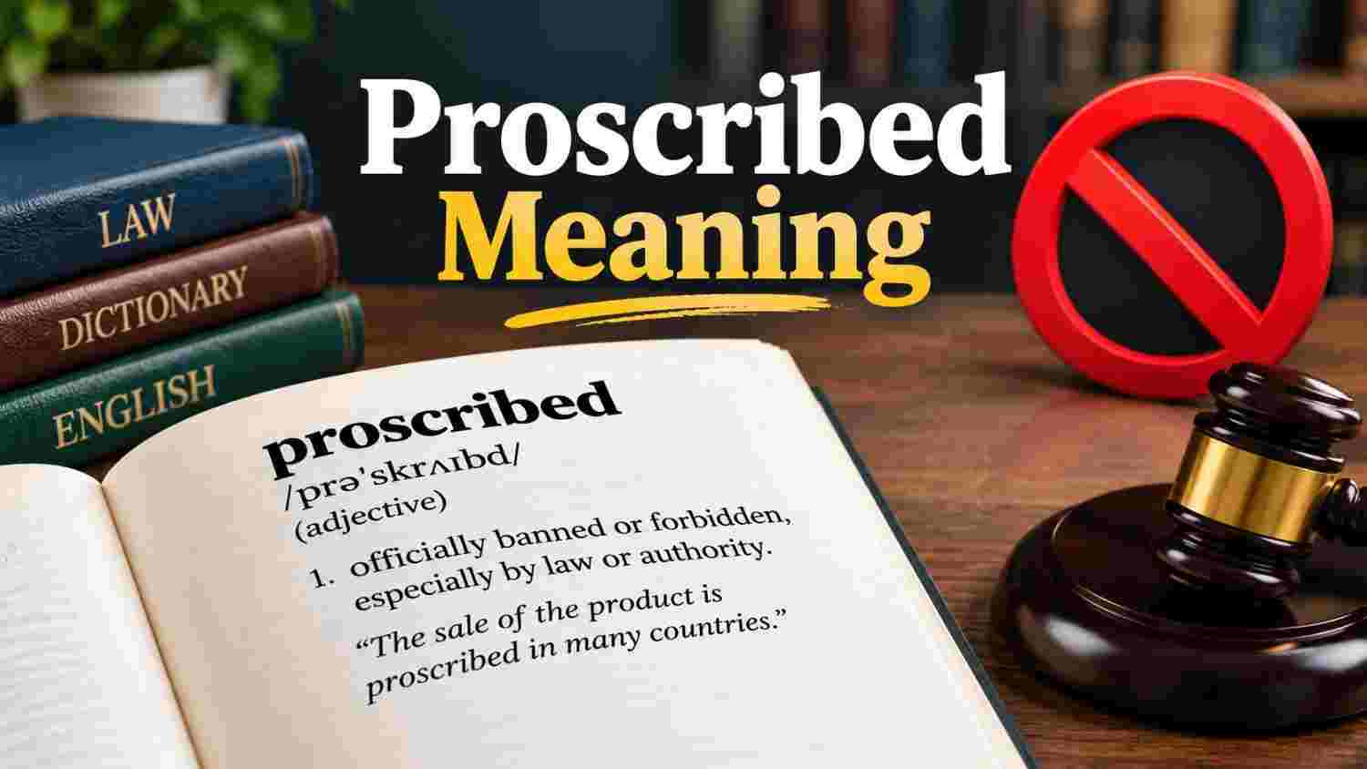 Proscribed meaning definition with dictionary and legal prohibition symbol