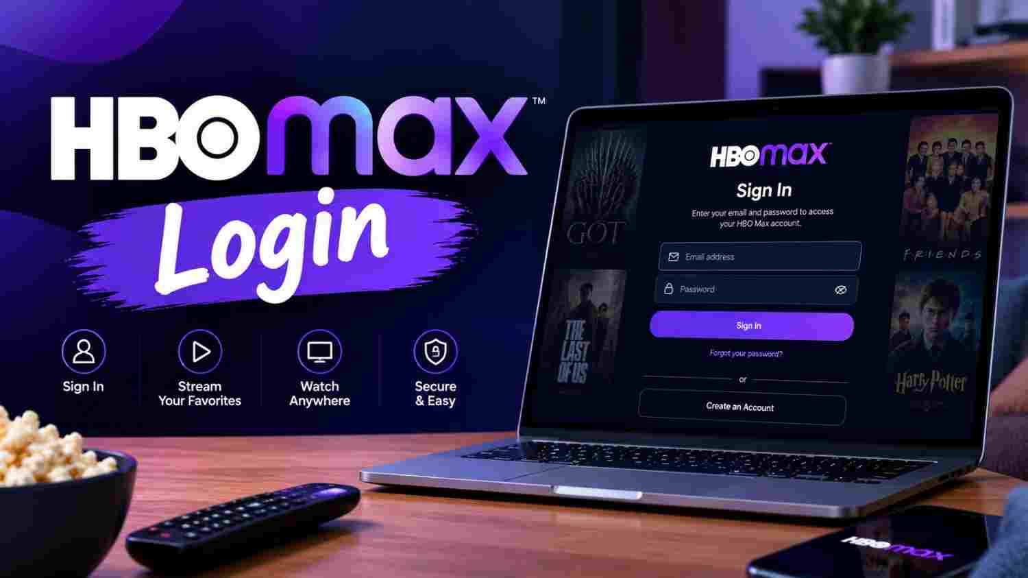 HBO Max login screen with sign in options on a laptop